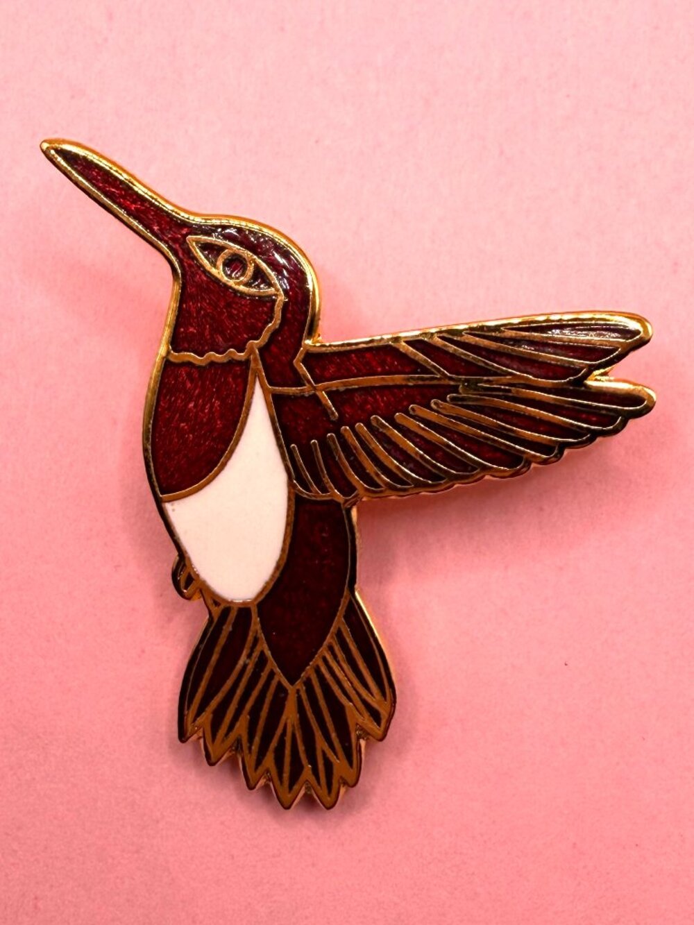 Vintage Red White Hummingbird Humming Bird Brooch Gold Enamel